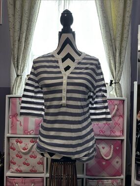 Victoria Secret Striped Henley Top in Navy and White - Women's Casual Tee L